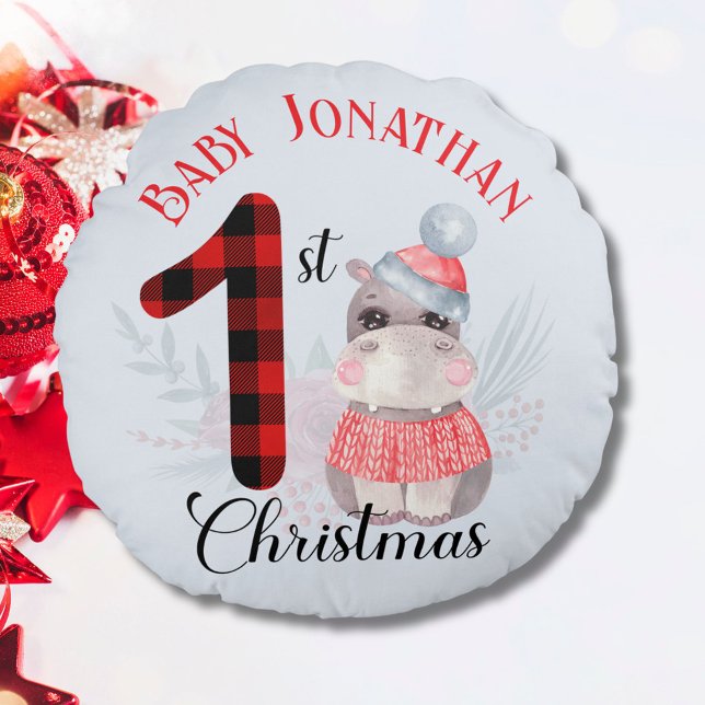 Pojke First jul Cute Hippo Namn Rund Kudde (Skapare uppladdad)