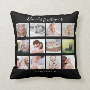 Pojke First Year Photo Collage Gift Black Kudde