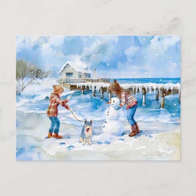 Pojke flicka och hund som leker på vinter strand a helg vykort (Framsida)