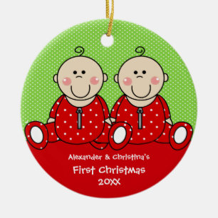 Pojke- & flickatwins första prydnad för jul julgransprydnad keramik