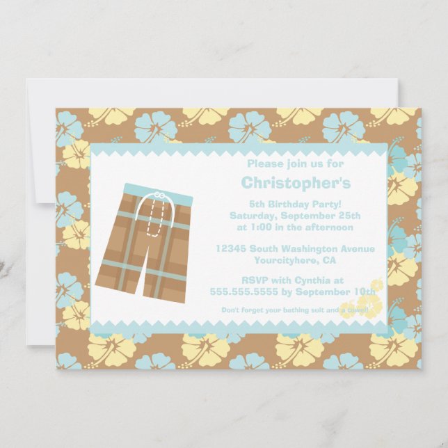 Pojke födelsedagsfest inbjudan för hibiskussimning (Framsida)