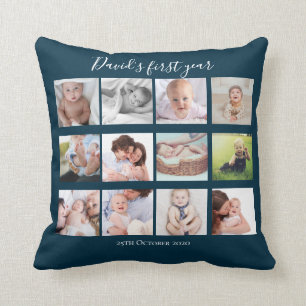 Pojke första året - Fotokollage Gift-marinblått Kudde