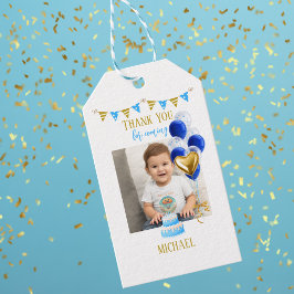Pojke Första Födelsedag Foto Blå Guld Ballong Söt Presentetikett