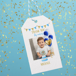Pojke Första Födelsedag Foto Blå Guld Ballong Söt Presentetikett