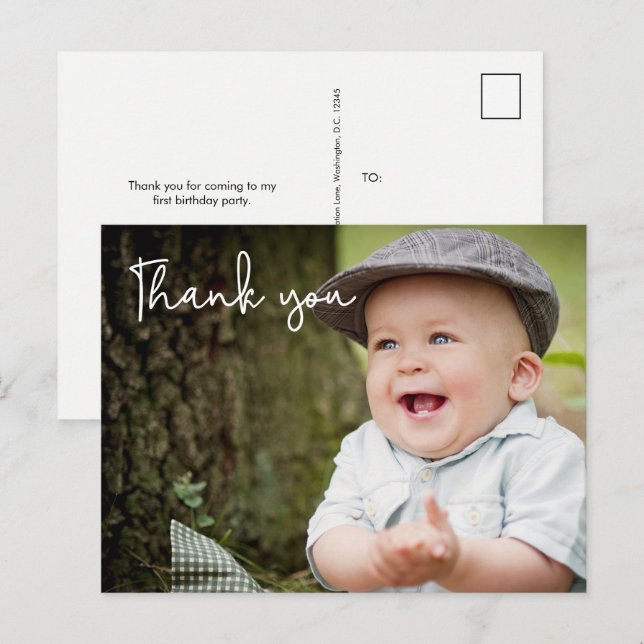 Pojke första födelsedag Tack Photo Vykort (Fram/baksida)