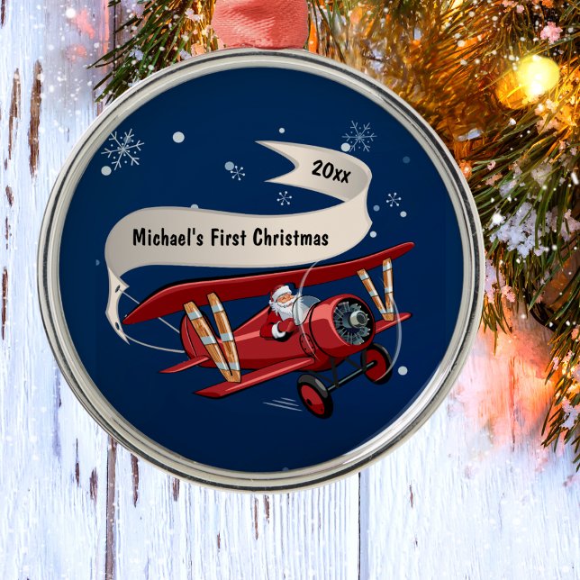 Pojke Första julen Tomte Flygplan Personlig  Julgransprydnad Metall (Skapare uppladdad)
