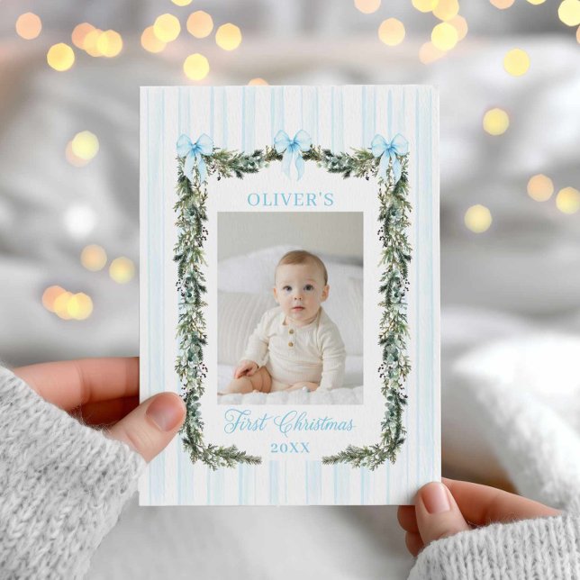 Pojke första julfotoport kort (Elegant Blue Photo First Christmas Card)