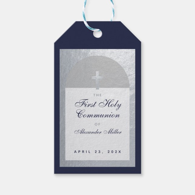 Pojke Första Kommunion Båge Marinblå Falskt Silver Presentetikett (Framsidan)