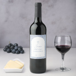 Pojke Första Kommunion Blå Vit Blommig Mönster Båg Vinflaska Etikett