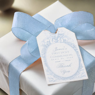 Pojke Första Kommunion Blå Vit Vintage Helig Ande Presentetikett
