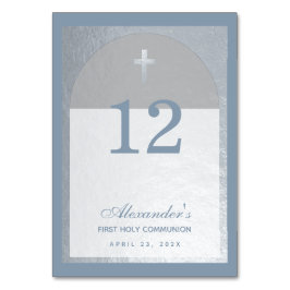 Pojke Första Kommunion Dammig Blå Falskt Silverkor Bordsnummer