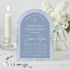 Pojke Första Kommunionen Blå Valm blomster Mönster Inbjudningar