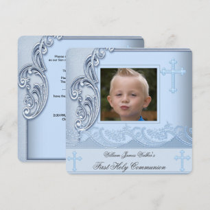 Pojke Första Nattvarden Blå Foto Konfirmation 3 Inbjudningar