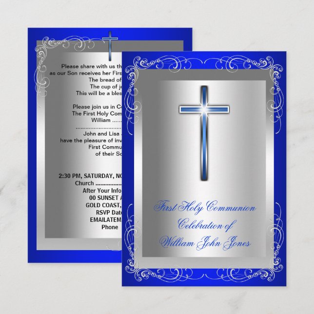 Pojke Första Nattvarden Silver Royalblå Inbjudningar (Fram/baksida)