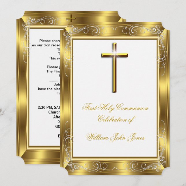 Pojke Första Nattvarden Vit Guld Kors 2 Inbjudningar (Fram/baksida)