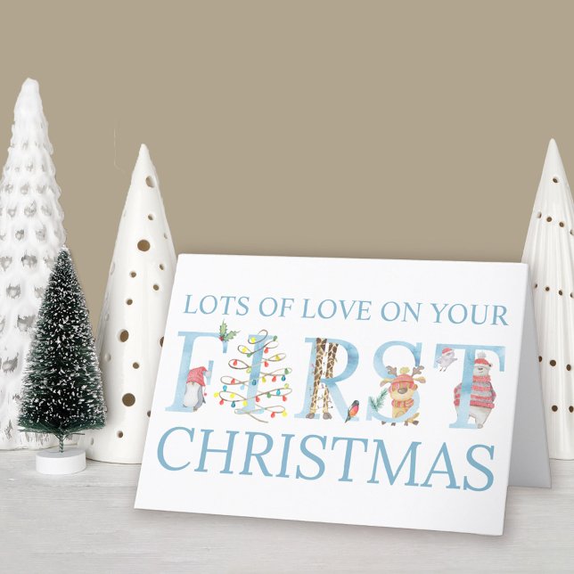 Pojke Första Personligen för julklappningsdjur Helgkort (Baby Boy 1st Christmas Card. Buy professionally printed or as a printable digital download.)