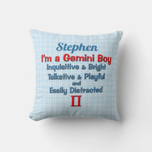 Pojke Gemini Zodiac Blue och Red Check Namn Kudde