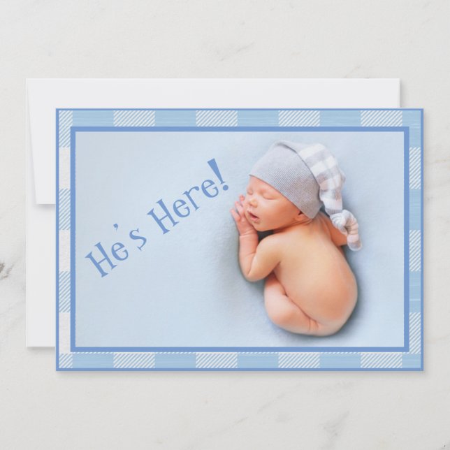 Pojke Gingham Modern Photo Birth Notice Meddelande (Framsida)