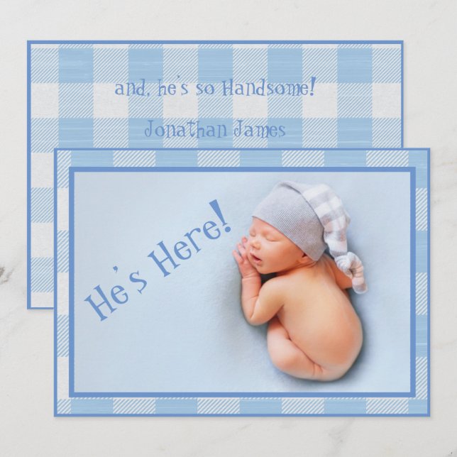 Pojke Gingham Play Modern Photo Birth Meddelande (Fram/baksida)