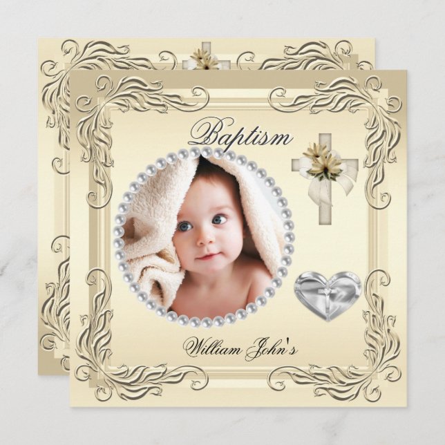 Pojke Girl Guld Cream Christening Baptism Kor Inbjudningar (Fram/baksida)