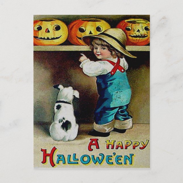 Pojke & hans hund tittar på Jack O' Lanterns Vykort (Framsida)