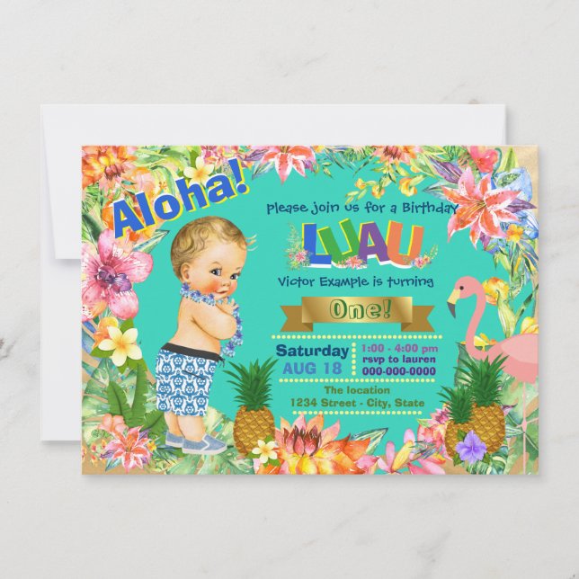 Pojke Hawaiiansk Luau Födelsedagsfest Inbjudningar (Framsida)