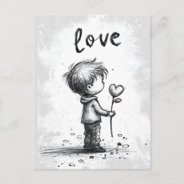 Pojke Holding Flower Valentine Day Postcard Vykort