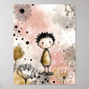 Pojke i akvarell med blomsterdekorationer (3) poster