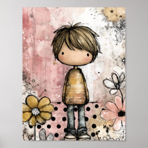 Pojke i akvarell med blomsterdekorationer (4) poster