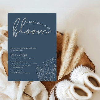 Pojke i Bloom Topaz Blue Wildblomma BabyShower Inbjudningar