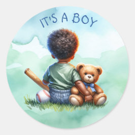 Pojke i Färg med sin Nalle Baby Shower Runt Klistermärke