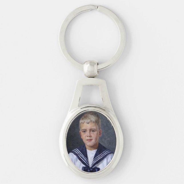 Pojke i sjömanuniform ovalt silverfärgad nyckelring (Framsidan)