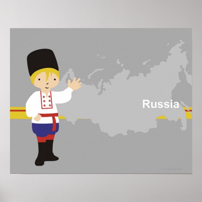 Pojke i traditionella ryska kläder framför poster (Framsidan)