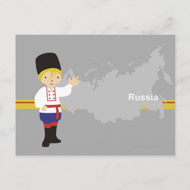 Pojke i traditionella ryska kläder framför vykort (Framsida)
