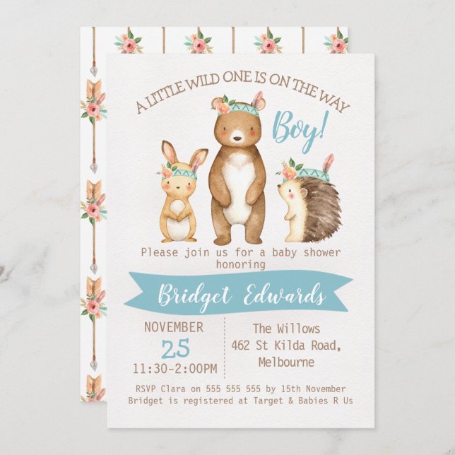 Pojke inbjudan för baby shower för djur för (Fram/baksida)