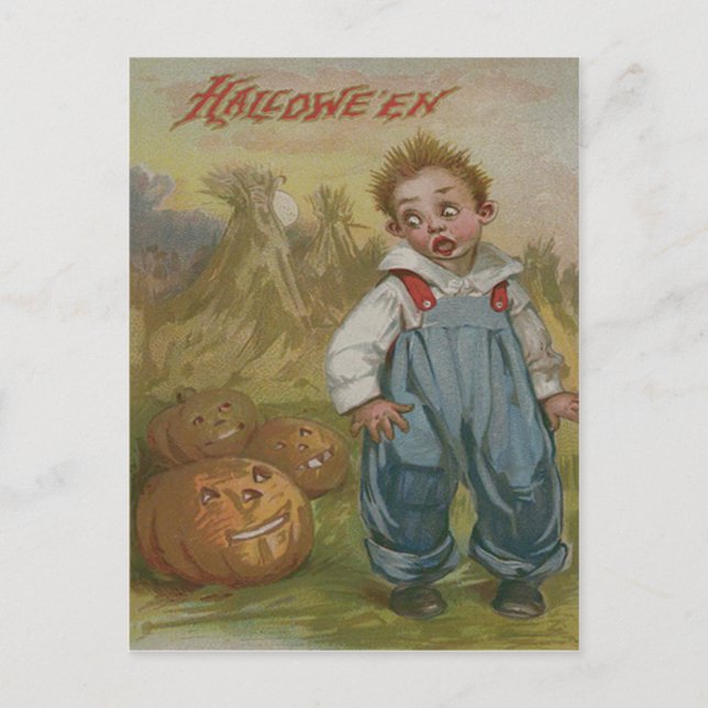 Pojke Jack O Lantern Pumpa Höstack Fullmåne Vykort (Framsida)
