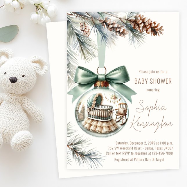 Pojke julgran ornament vinter nyfödd baby shower inbjudningar (Boy's Christmas tree ornament baby shower invitation with glass ornament with sweet nursery  scene.)