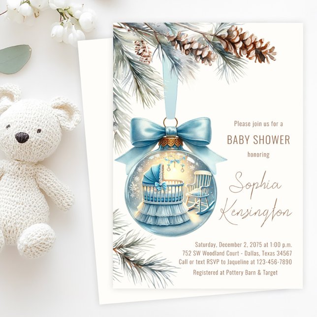 Pojke julgrynsduk Vintershow för bebisar Inbjudningar (Boy Christmas tree ornament baby shower invitation with sweet nursery scene and pine boughs.)