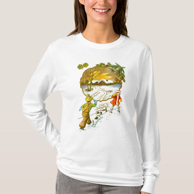 Pojke kastar en snöboll tee (Framsida)
