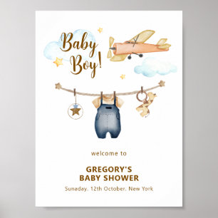 Pojke Klädstreck Flygplan Himmel Babyfirande Välko Poster