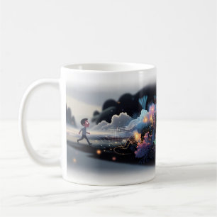 Pojke kliver in i en lysande digital universum mug kaffemugg