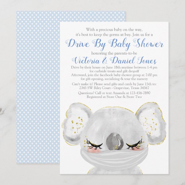 Pojke Koala med mask Drive By Baby Shower Inbjudningar (Fram/baksida)