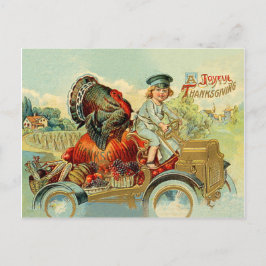 Pojke kör en kalkon i en klassisk bil, thanksgivin vykort