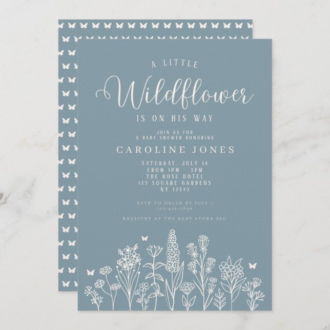 Pojke Little WildblomBlue Baby Shower Inbjudningar (Fram/baksida)