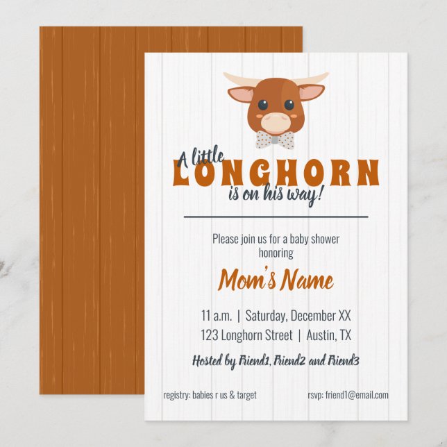 Pojke Longhorn Burnt Orange Baby Shower Inbjudningar (Fram/baksida)