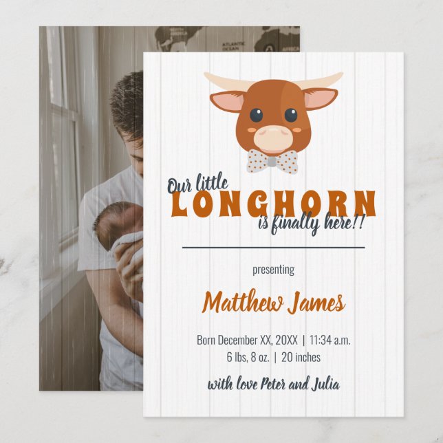 Pojke Longhorn Burnt Orange Lodrät Birth Meddelande (Fram/baksida)