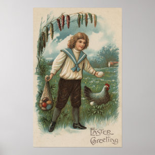 Pojke med ägget för påskäggbasketinnehav poster