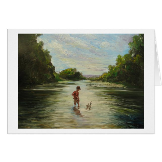 Pojke med en leksakboat. hälsningskort (Framsidan Horizontal)