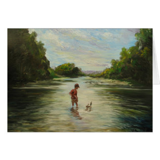 Pojke med en leksakboat. hälsningskort