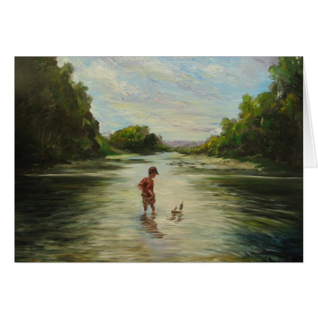 Pojke med en leksakboat. hälsningskort (Framsidan Horizontal)